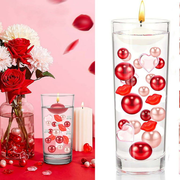 MTLEE 2116 Pieces Valentine's Day Vase Fillers Red Love Pearl Vase Fillers  Floating Candles Centerpiece with 10 Floating Candles for Vase Table Dating