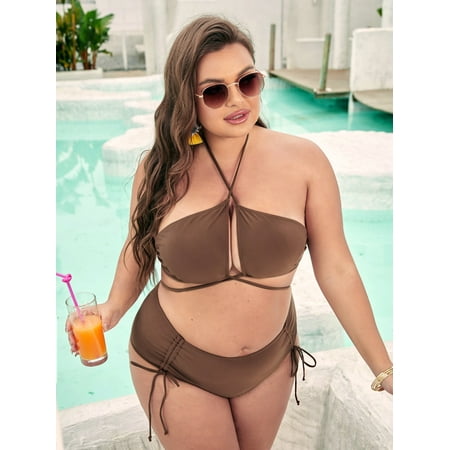 

Women s Plus Solid Wrap Bikini Swimsuit 2022 Mocha Brown Sexy A044W