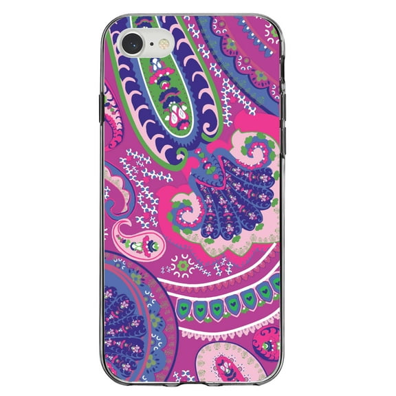 DistinctInk Clear Shockproof Hybrid Case for iPhone 7 8 SE (2020 Model) 4.7" Screen TPU Bumper Acrylic Back Tempered Glass Screen Protector - Pink Purple Green Paisley