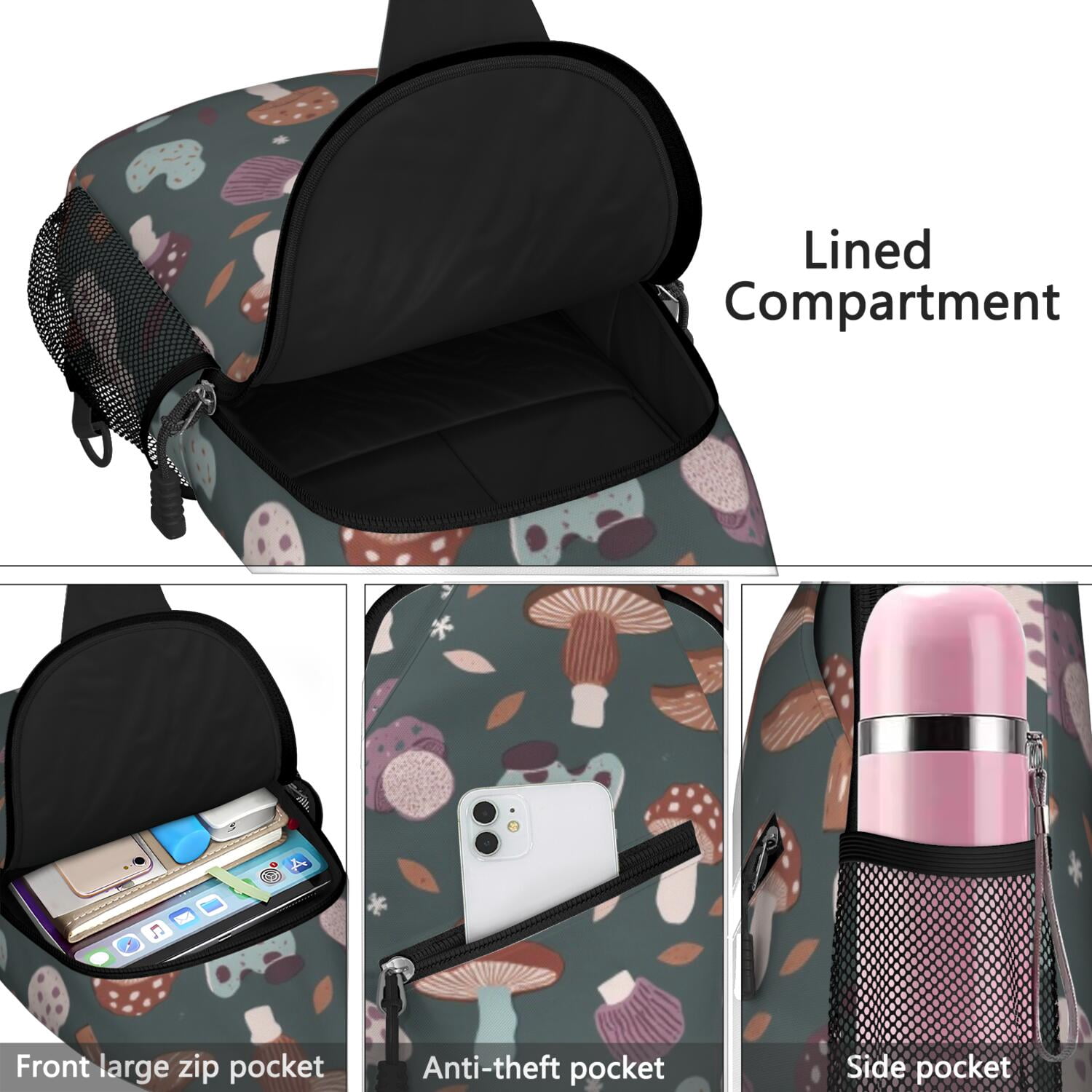 Crossbody Sling Bag Mushroom Hiking Sling Backpack Travel Bag Hiking Bag for Men Women