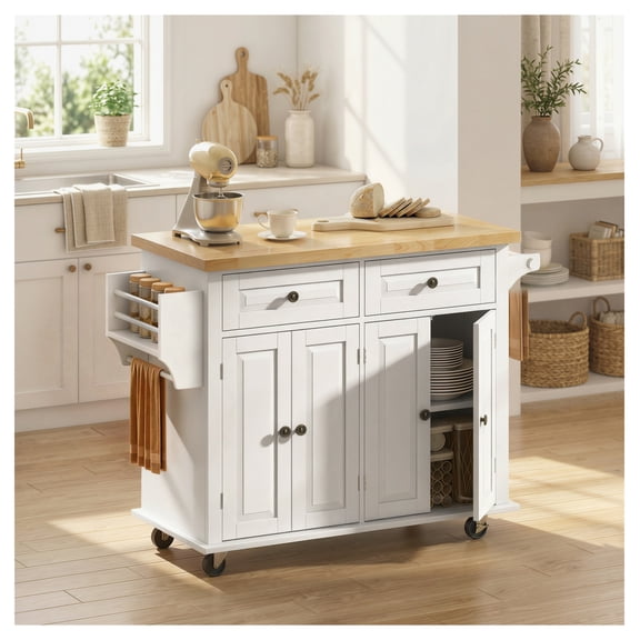 44" Kitchen Island Cart on Wheels, White Mobile Island with Storage, 2 Drawers, Cabinets, Spice Rack - Kitchen Rolling Table