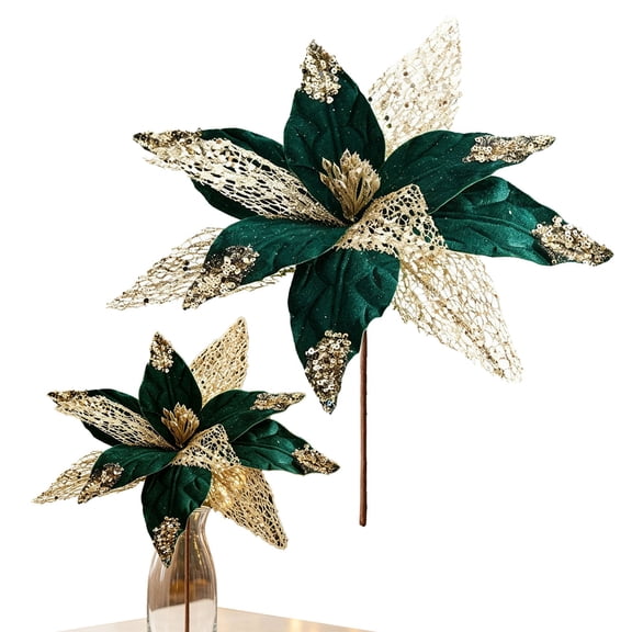 Poinsettia Flower Christmas Artificial Flower, 12 Inch Glitter Green, Xmas Sprays With Golden Center, Holiday Christmas Decoration For Christmas Tree Wreath Garland Holiday Home Decor