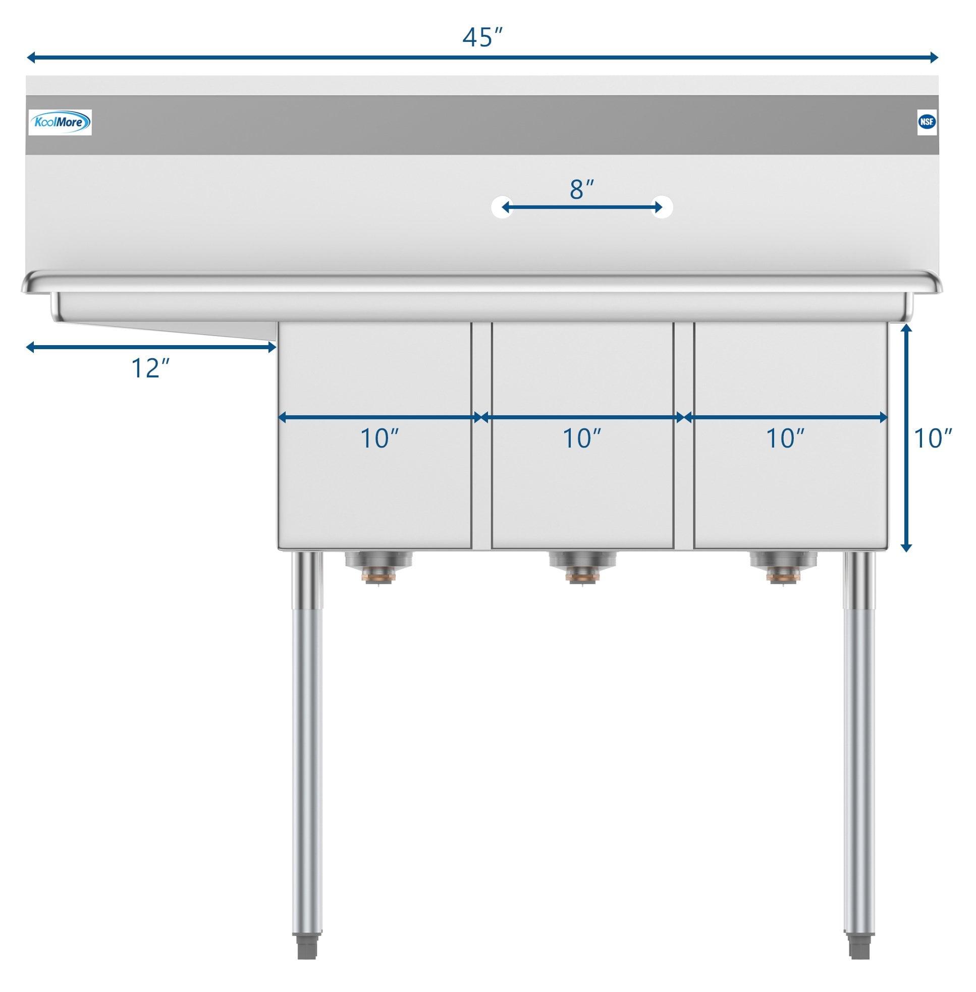 KoolMore 45 in. Three Compartment Stainless Steel Commercial Sink with Drainboard, Bowl Size 10"x 14"x 10"