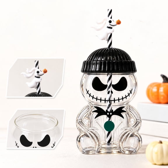 7.09" Christmas Jack Mug Tumbler with Straw, Straw Glass Cup Coffee Tumbler Decorative Drinking Coffee Milk Tumbler, Halloween Christmas Gifts Exchange