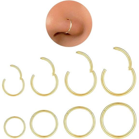 Hypoallergenic Nose Rings Hoops Set for Women Men: 8Pcs 18G Gold/Silver 316L Surgical Stainless Steel Nose Hoops Hinged Clicker Septum Rings for Nose Cartilage Body Piercing Jewelry 6mm 8mm 10mm 12mm