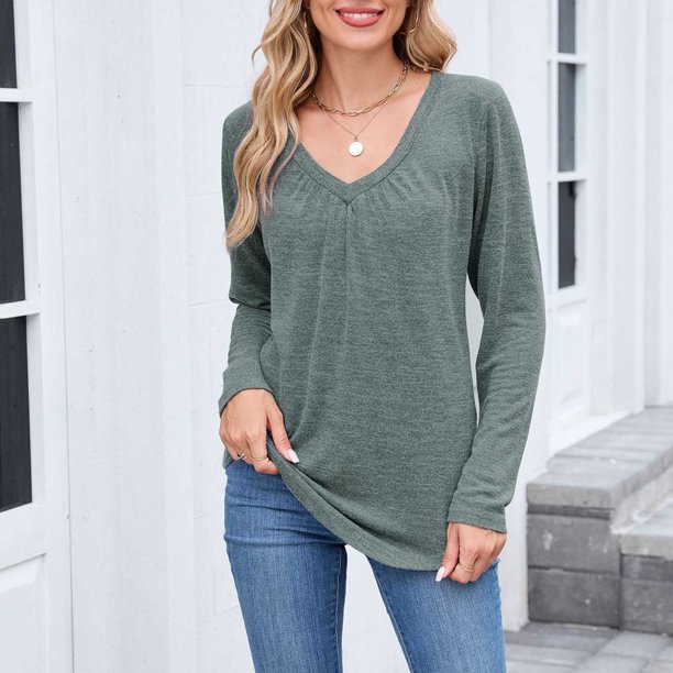 Ailaofu Women Tops Long Sleeve Shirts V Neck Loose Fit Soft Casual Solid Color T-Shirts Fall Clothing