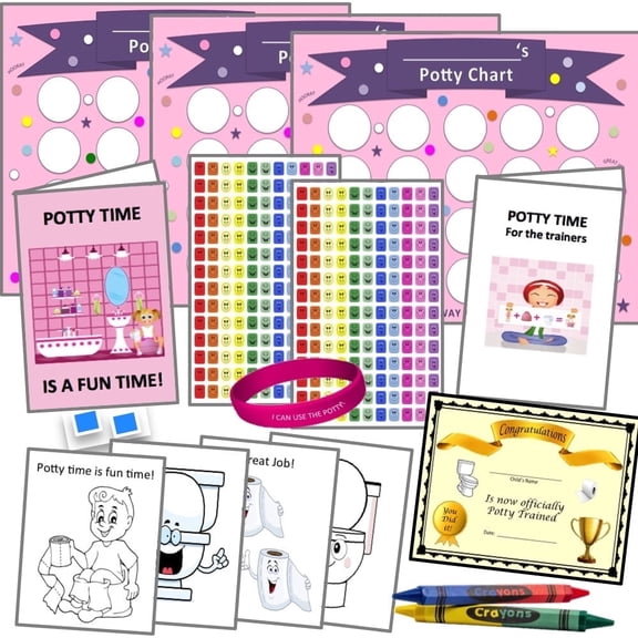 Potty Training PINK (6wks) 322 Pieces, System-Kit/Guide- 3 Charts, 308 Stickers, Certificate, Bracelet, 4 Color Sheets, 2 Crayons (4 Color) Wall Putty- 18 mos- 4 yrs, Bundle Board Boutique
