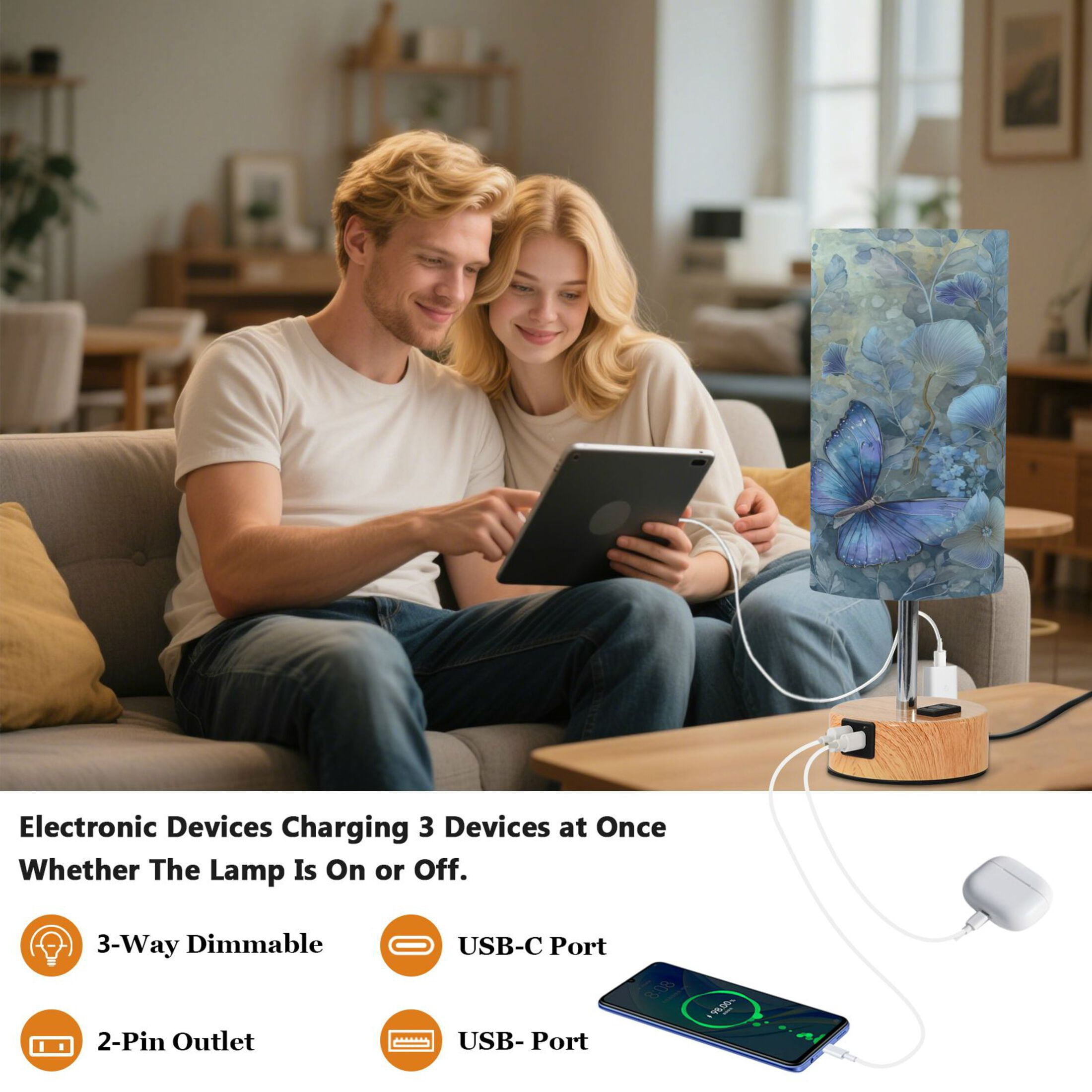 Wobogo Butterfly Floral Bedside Lamp Touch Control Table Lamp with USB A+C Charging Ports & AC Outlet 3-Way Dimmable Nightstand Lamp with Linen Fabric Shade for Bedroom Living Room