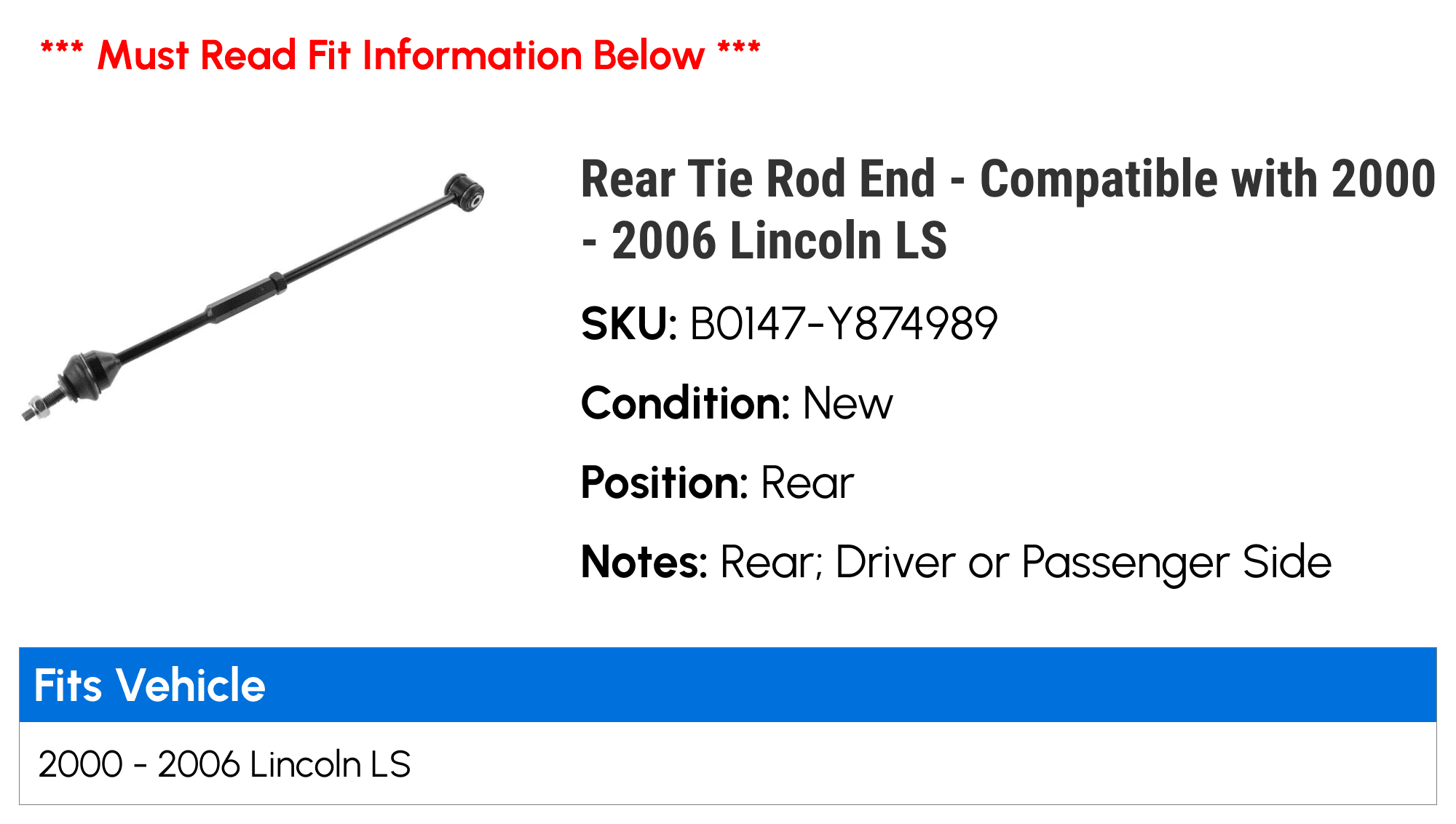 Rear Tie Rod End - Compatible with 2000 - 2006 Lincoln LS 2001 2002 2003 2004 2005