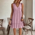 thumbnail image 4 of Ayolanni Modest Summer Dresses for Women 2026 V-Neck Solid Sleeveless Midi A-Line Dress Ruffle Vacation Casual Beach Pleated Sundress with Pockets Pink M, 4 of 6