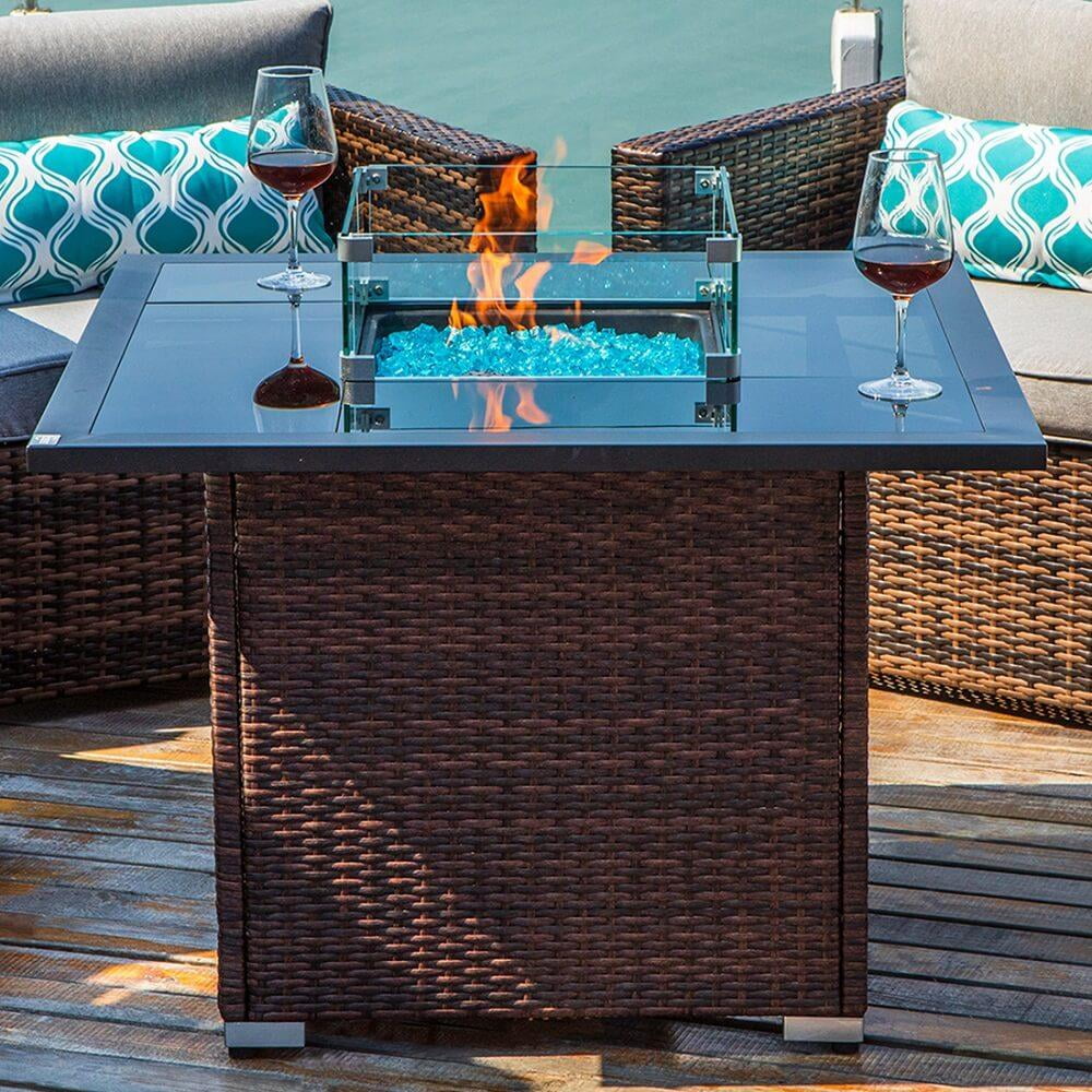 Cosiest Outdoor Propane Fire Table 36 Inch Square Espresso Brown Wicker