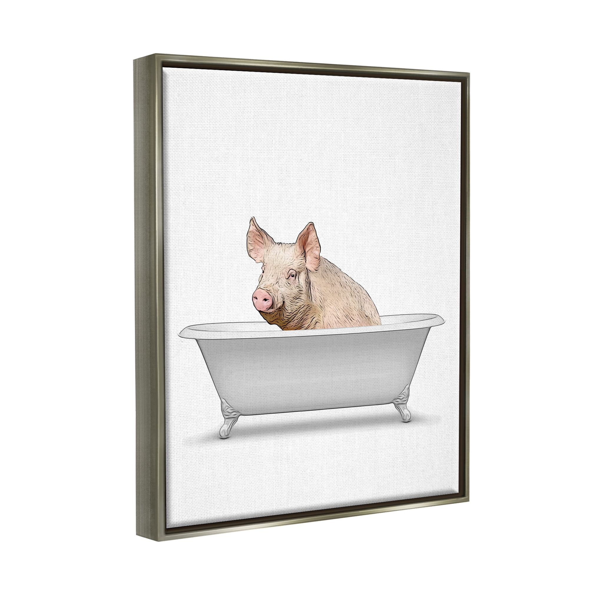 Stupell Industries Farm Pig Bath Tub Bathroom Animals & Insects Painting Gray Floater Framed Art Print Wall Art