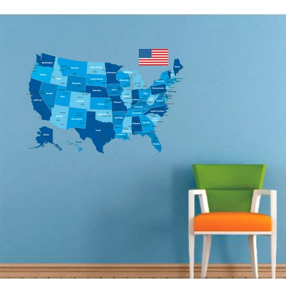 United States Of America Flag And Map Blue Colored American Map USA Flag Vinyl Wall Art Wall Decal Baby Girls Boys Kids Bedroom Wall Decal Room Decor Wall Stickers Decoration Size (30x27 inch)
