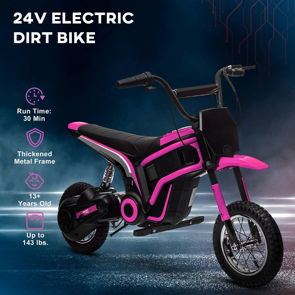 Yardi Yard Electric Dirt Bike with Twist Grip Throttle, 24V 350W Off-Road Electric Motorcycle Up to 15 MPH with Brake, Music Horn, Rear Suspension for Ages 13+ Years, Pink