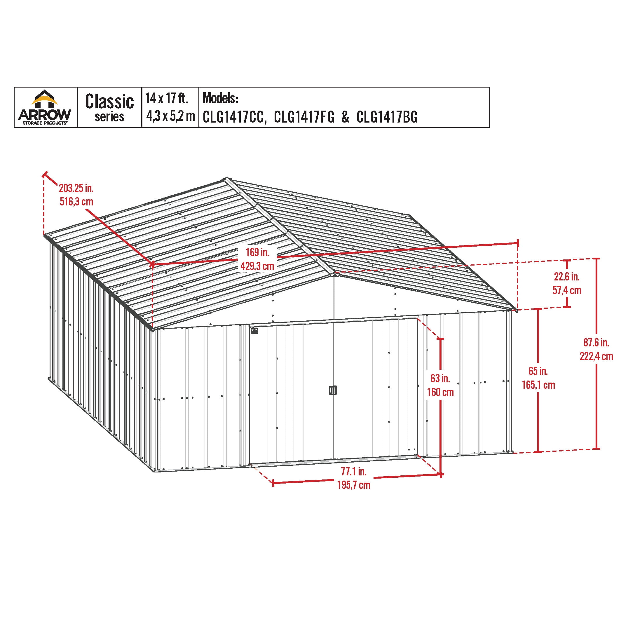 Arrow Classic 14 x 17 x 7 ft Flute Grey Steel Storage Shed