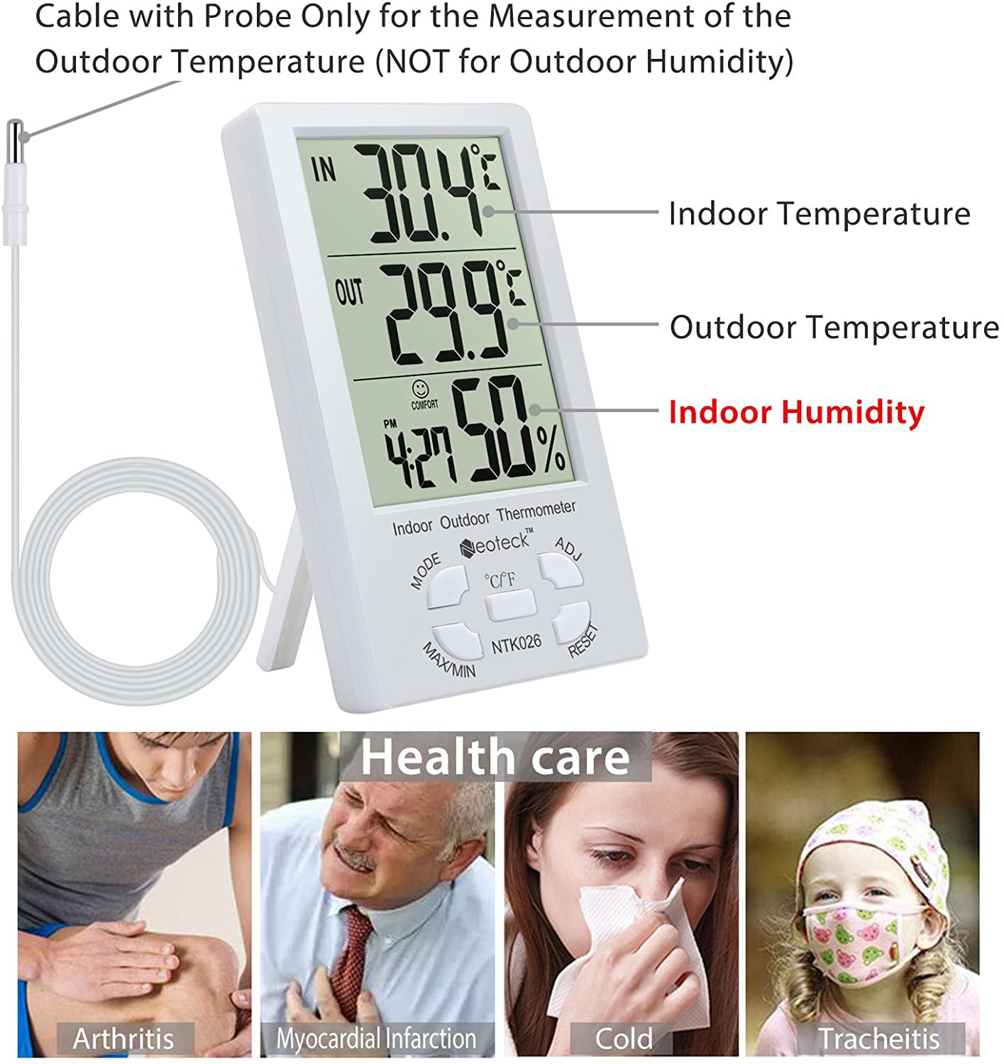 Details about   Digital LCD Thermometer Indoor/Outdoor Hygrometer Temperature Humidity Display 