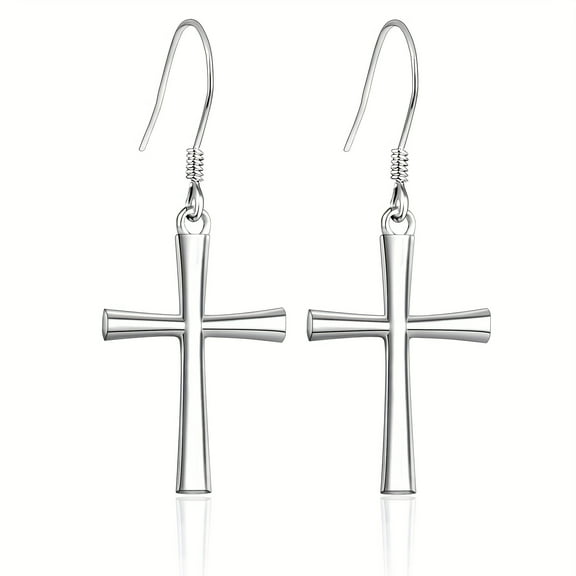 925 Pure Silvery Cross Earrings for Women, European and American Style, Fashion Gothic, Dangle Style, Pair of Holiday Gifts, Approx Gift box,925 Silver,925 Silver