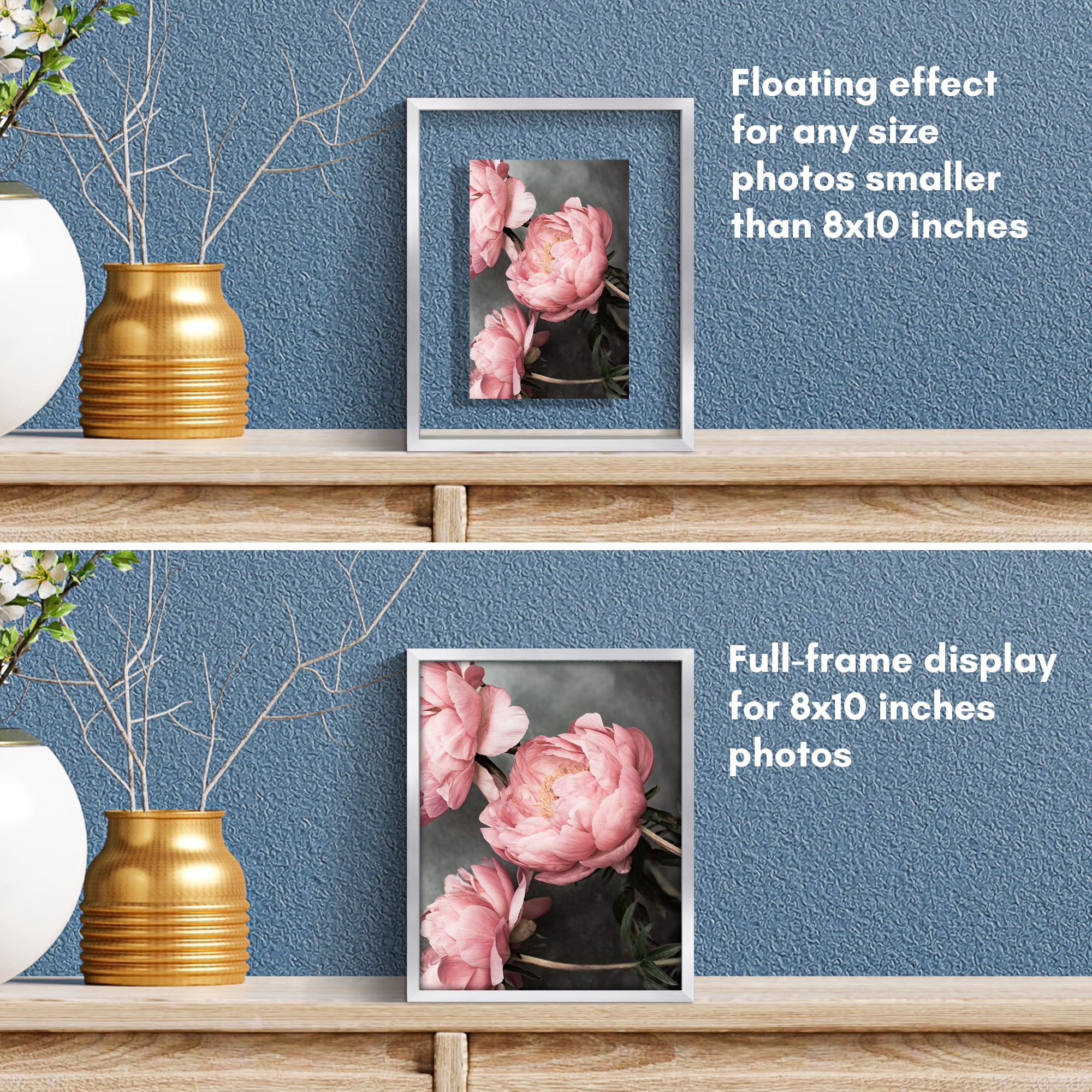 Americanflat 8x10 Picture Frame with Shatter-Resistant Glass Aluminum Floating Display Photo Float - Silver