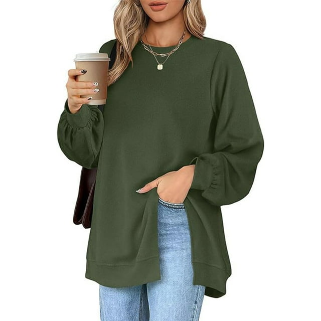 Fashnice Hauts pour Femmes Chandail en Molleton Col Rond Manches Longues Chandail Doux Automne Chandails en Molleton Vert Noirâtre TG