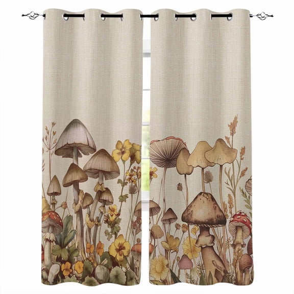 Mushroom Blackout Curtains for Bedroom/Living Room, Thermal Insulated Kitchen Curtains, Farmhouse Summer Botanical Floral Rustic Grommet Darkening Window Treatment Drapes 42"x84"x2