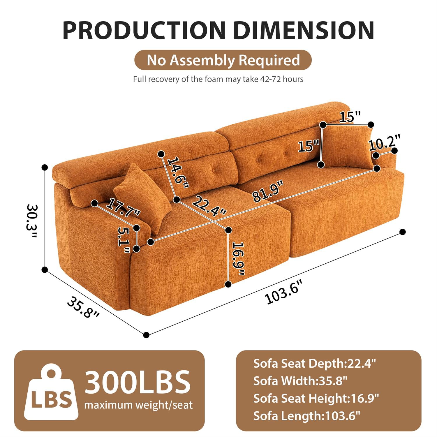 Demi Bonn 103" 4-Seater Compression Sofa Couch with Wood Grain Chenille Fabric, Full Sponge Cushion and 2 Cozy Pillows for Living Room, Orange