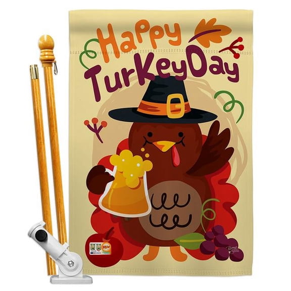 Breeze Decor BD-TG-HS-113065-IP-BO-D-US17-BD 28 x 40 in. Happy Turkey Day Fall Thanksgiving Impressions Decorative Vertical Double Sided House Flag Set with Pole Bracket Hardware