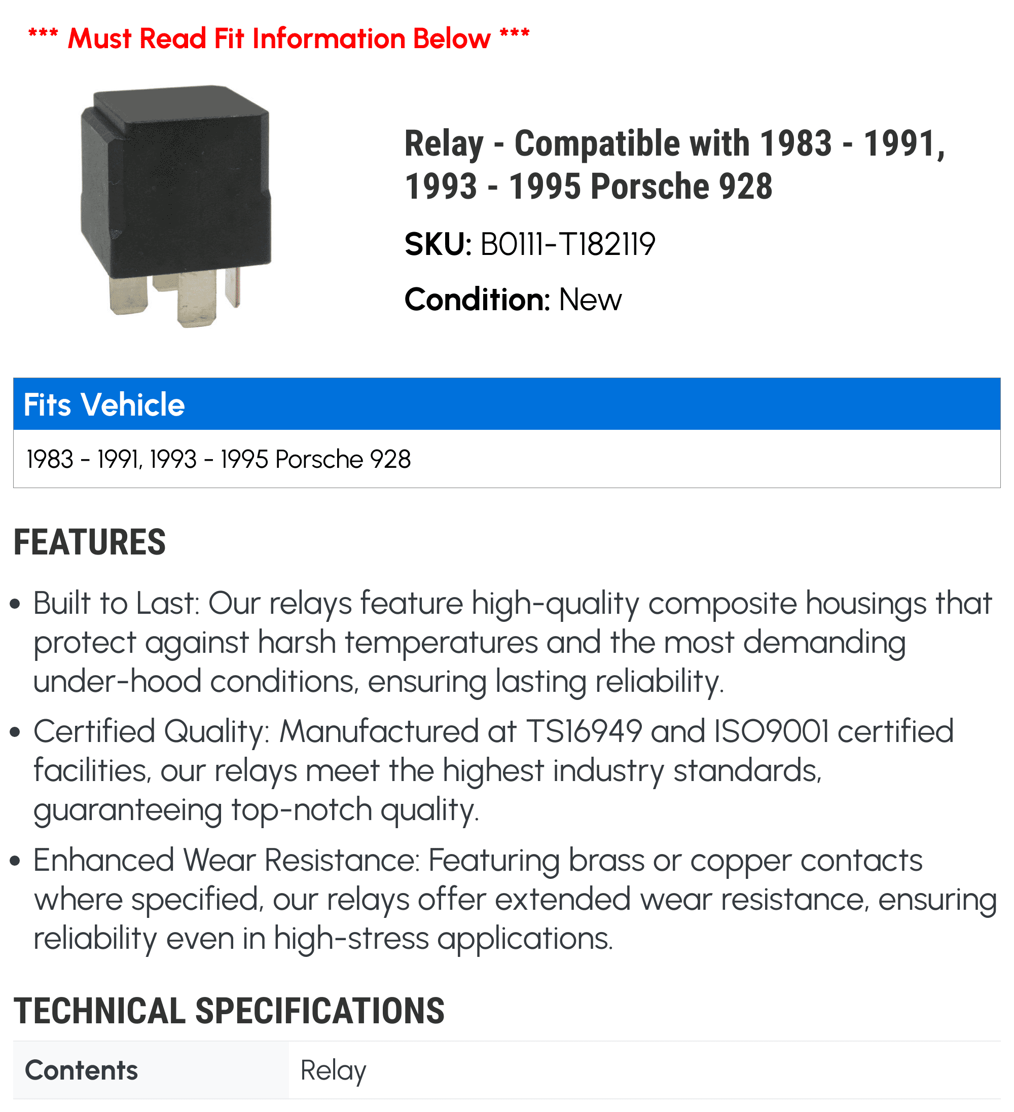 Relay - Compatible with 1983 - 1991, 1993 - 1995 Porsche 928 1984 1985 1986 1987 1988 1989 1990 1994