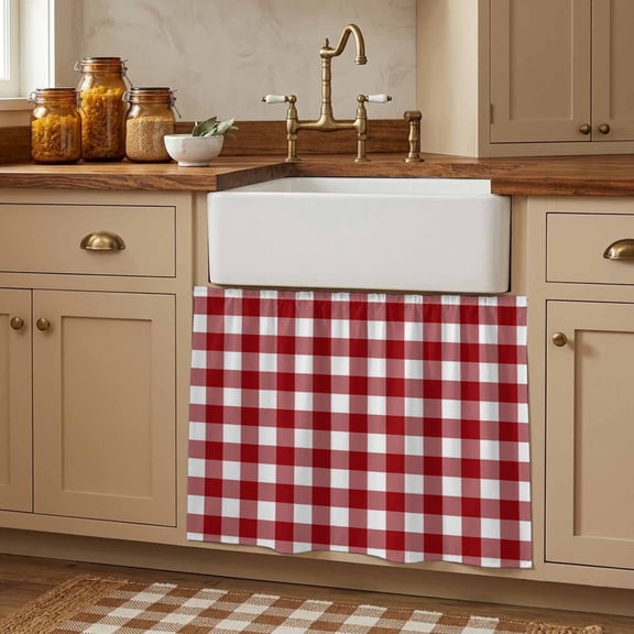 Farmhouse Buffalo Plaid Small Cabinet Curtains 11"W x 13"L, Red White Checkered Sink Skirt Dust-Proof Short Curtain for Bathroom Vanity Storage Cubby Desk, Self Adhesive Privacy Drapes