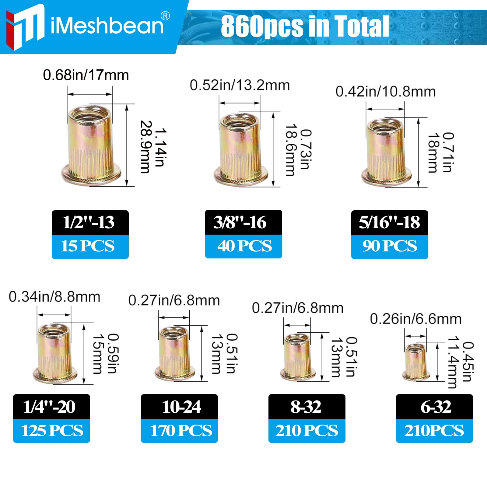 iMeshbean 860Pcs Rivet Nuts- SAE UNC Assortment Carbon Steel Flat Head Zinc Plated Nutsert