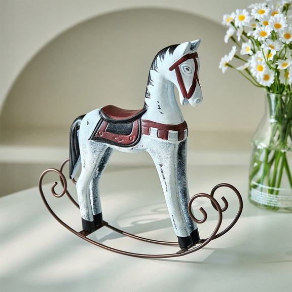 Handmade Vintage Old Collectible Statue Wooden Rocking Horse Figurines Decorative Ornaments Craft Sculpture for Office & Home Room Desktop Christmas Birthday New Year Gift