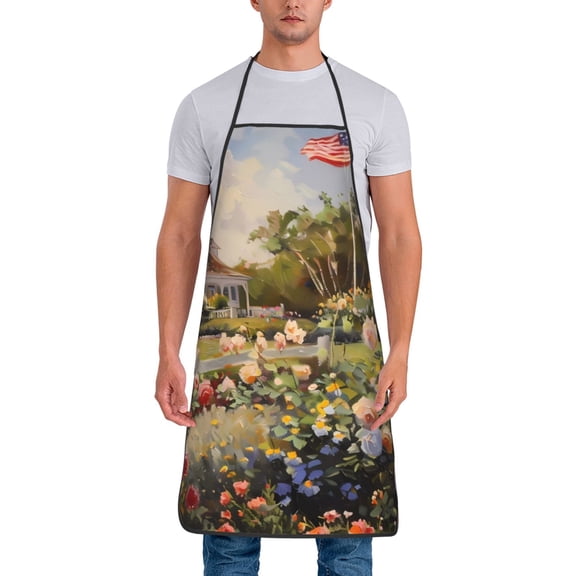 Xecao American Flag Rose Garden Print Funny BBQ Chef Aprons for Men Women,Adjustable Kitchen Cooking Aprons with Pocket Waterproof Oil Proof No Pilling Fading