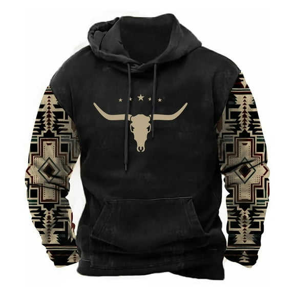 Men's Western Denim Hoodie with Vintage Graphic Print - 3D Printed Sweatshirt for a Stylish and Unique Look!,L,black