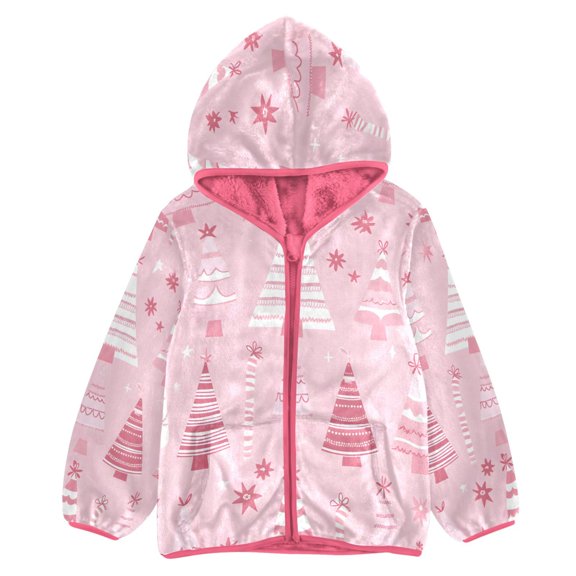 BZSMCE Double-Sided Sherpa Fleece Hooded Zipper Jacket Pink Pink Tree Print Warm Outerwear