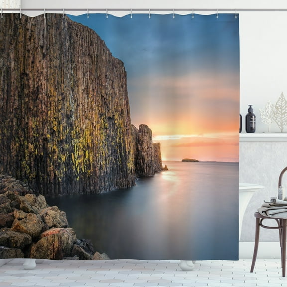 Iceland Shower Curtain, Sugandisey Basalt Island near Stykkisholmur Oceanic Theme, Fabric Bathroom Set with Hooks, 69W X 84L Inches Extra Long, Blue Grey Peach, by Ambesonne