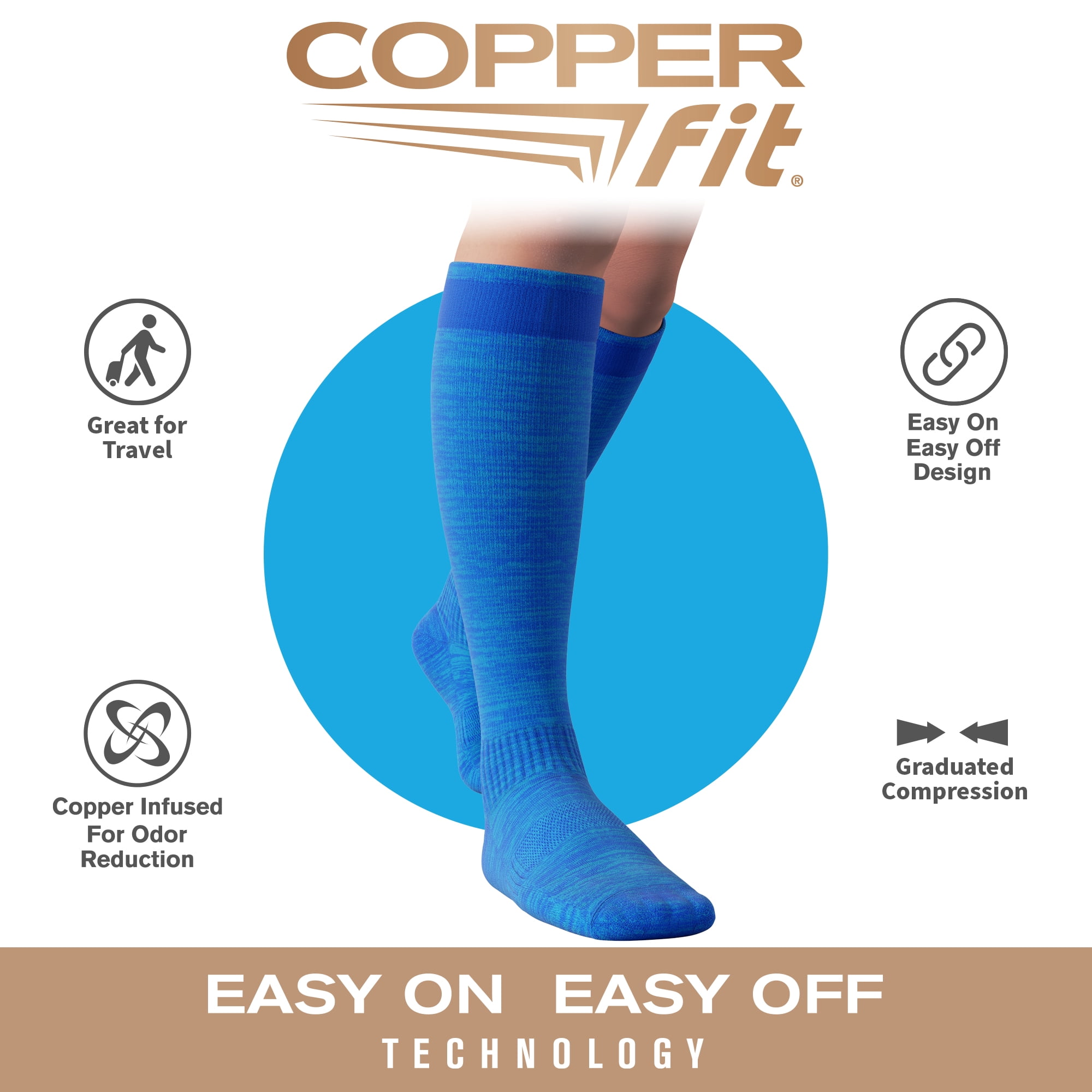 Copper Fit® Compression Socks, Copper Infused Easy-On/Off, 1-pair, Unisex, Heather Blue, L/XL