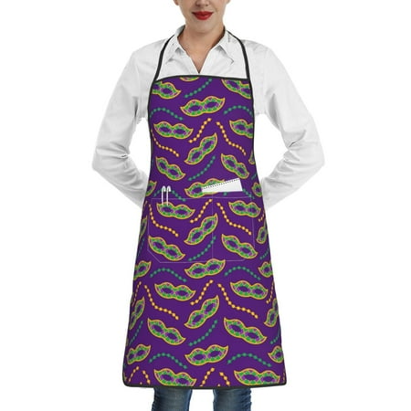 

Qekee Carnival Masks and Beads Print Adjustable Bib Apron Resistant with Pocket Cooking Kitchen Aprons for Women Men Server Chef Apron