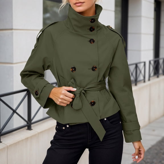 YMNXA Women'S Trench Coat Long Sleeve Stand Collar Solid Color Button Comfortable Cropped Jacket With Belt For Daily Wear Green L