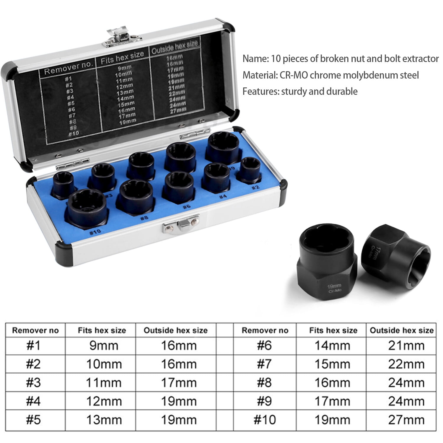 Damaged Lug Nut Lock Remover Twist Socket Set Screw Extractor Tool 9-19mm 11 PCS