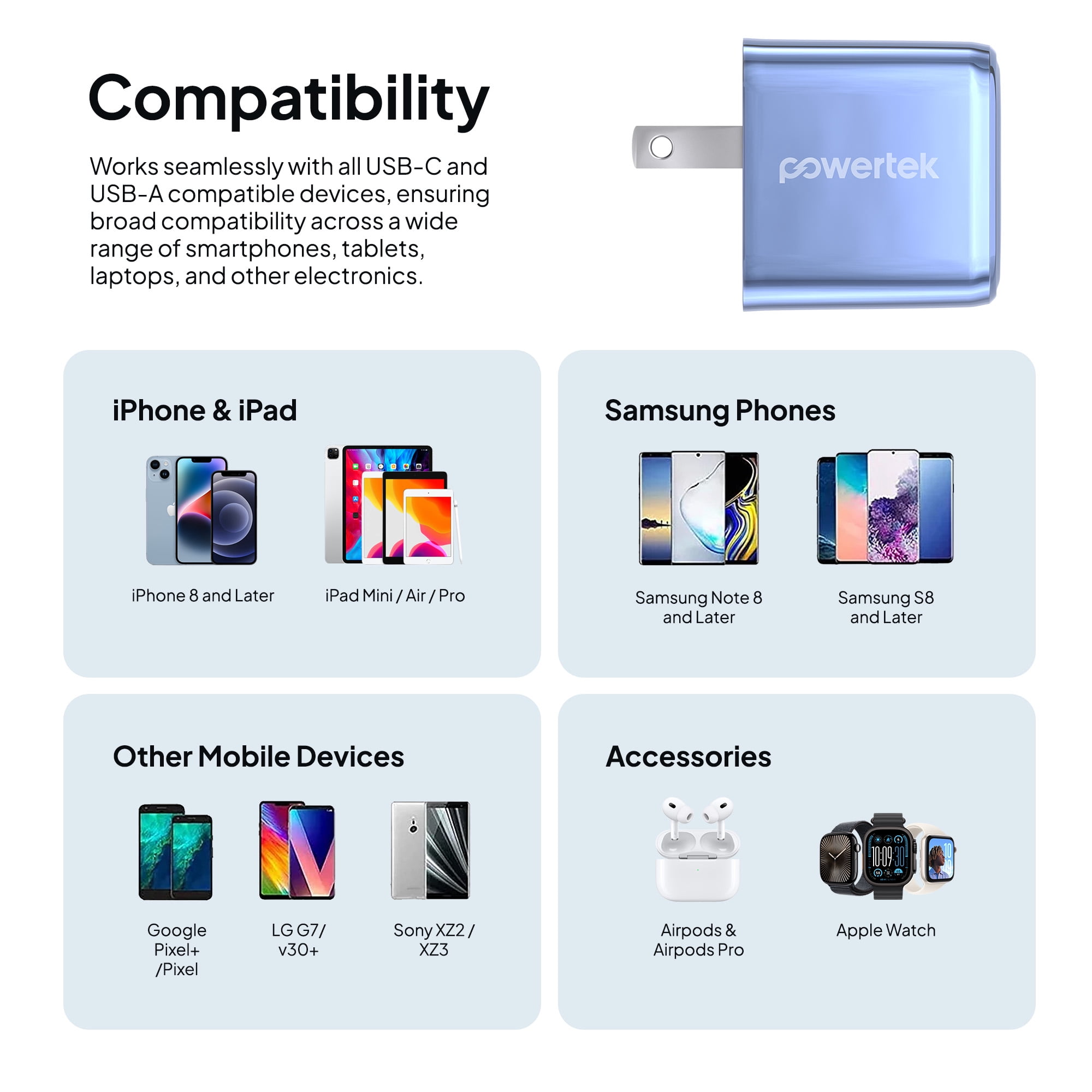 Powertek 20W USB-C PD + 18W USB-A Dual Port Wall Charger, Metallic Shine Pastel, Blue
