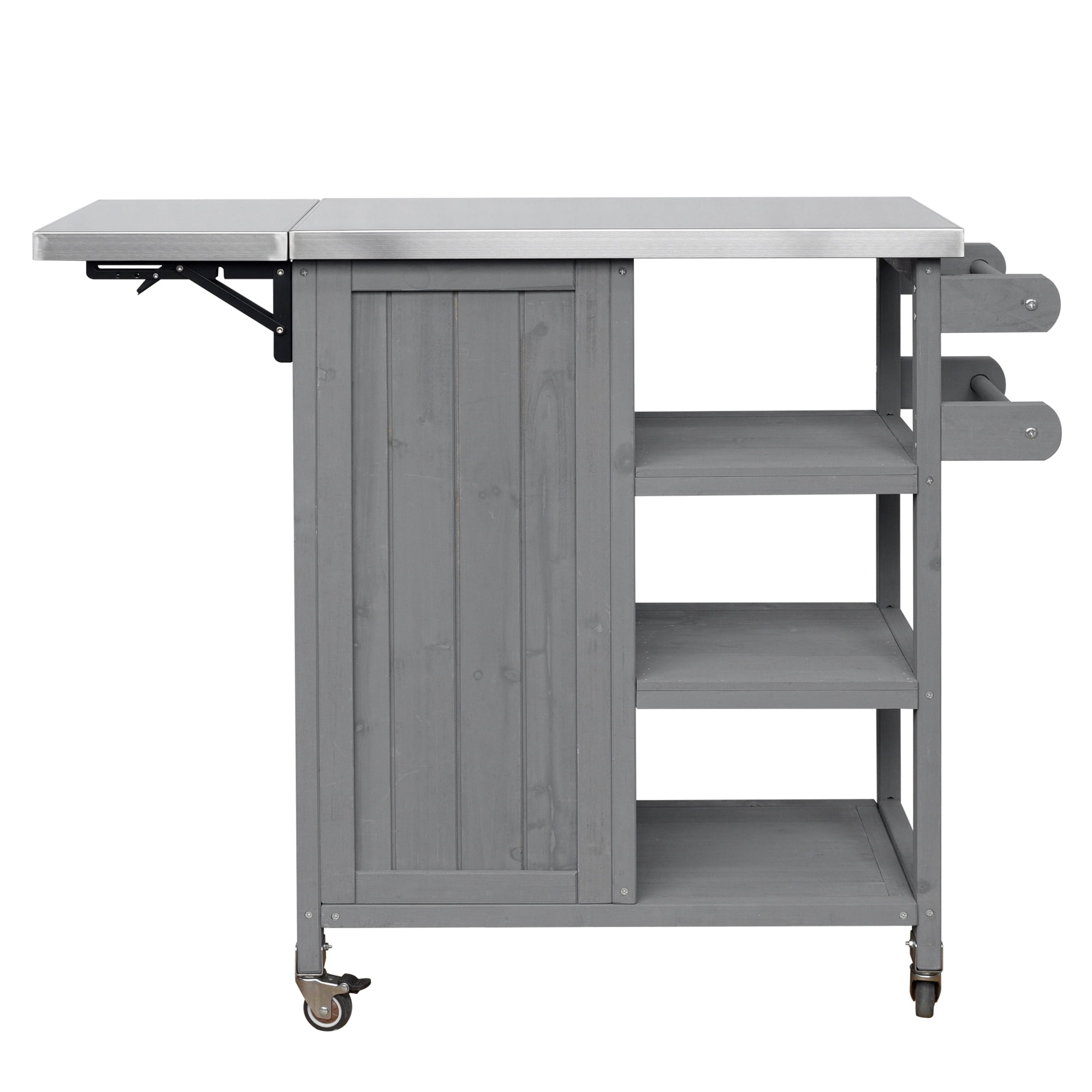 Foldable Outdoor Kitchen Island, Stainless Steel Top Prep Cart, Fir Wood Portable Kitchen Cart with Lockable Wheels for Patio, Balcony, Grey