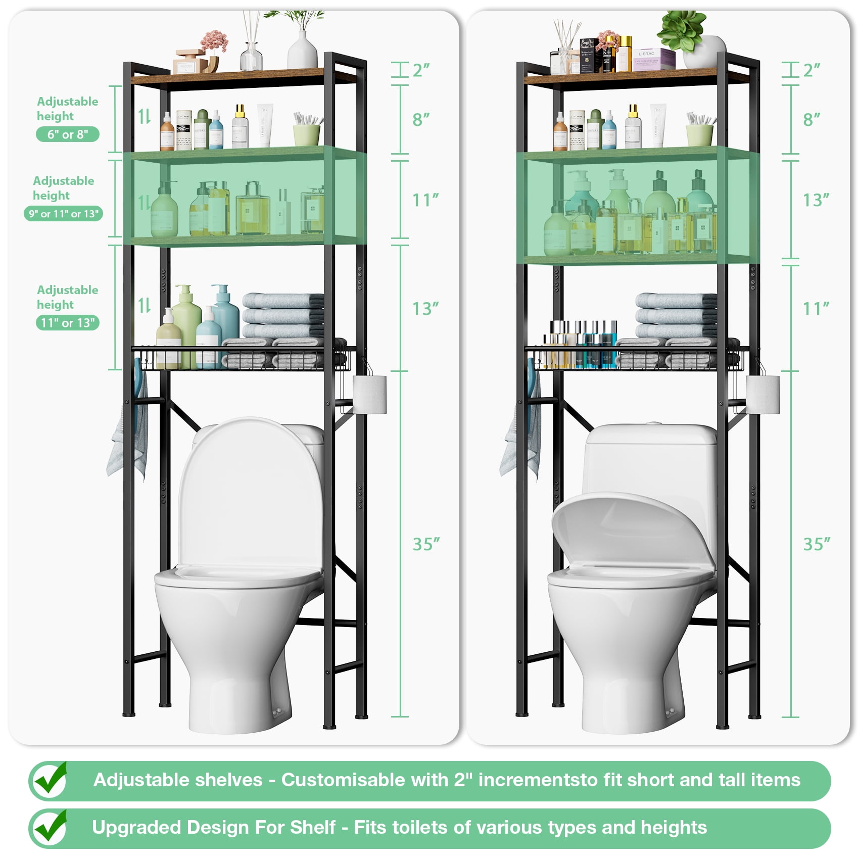 Mr IRONSTONE Over the Toilet Storage 4 Tier Bathroom Space Saver Rack, Wooden Freestanding Organizer with Toilet Paper Holder, Vintage Brown