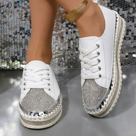 Going Outfits - Women s Rhinestone Decor Sneakers  Casual Lace Up Outdoor Shoes  Comfortable Low Top Shoes-41
