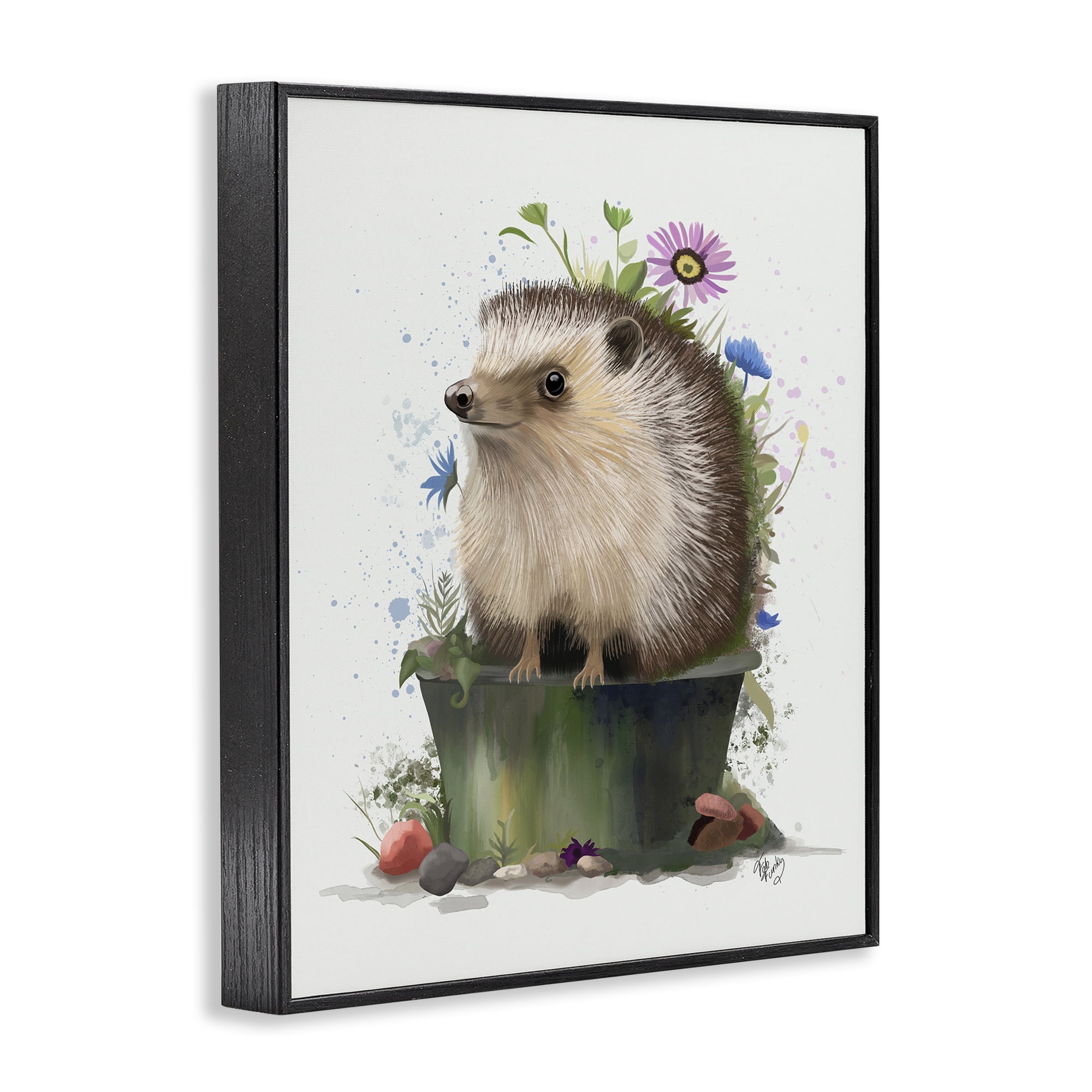 Stupell Industries Hedgehog in Gardening Pot Animals & Insects Painting Black Framed Art Print Wall Art, 24 x 30