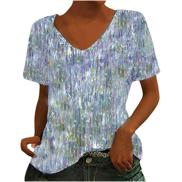 Jgppe Womens Dressy Blouses V Neck Plus Size Fashion Print Short Sleeve Loose Tunic Tops