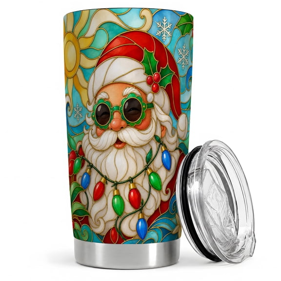 Santa Christmas Lights 20oz Tumbler, Santa Sunglasses Tumbler, Holiday Drinkware for Travel, Stained Glass Portrait Art, Festive Snowflake Holly Decor, Men Women Christmas Fans