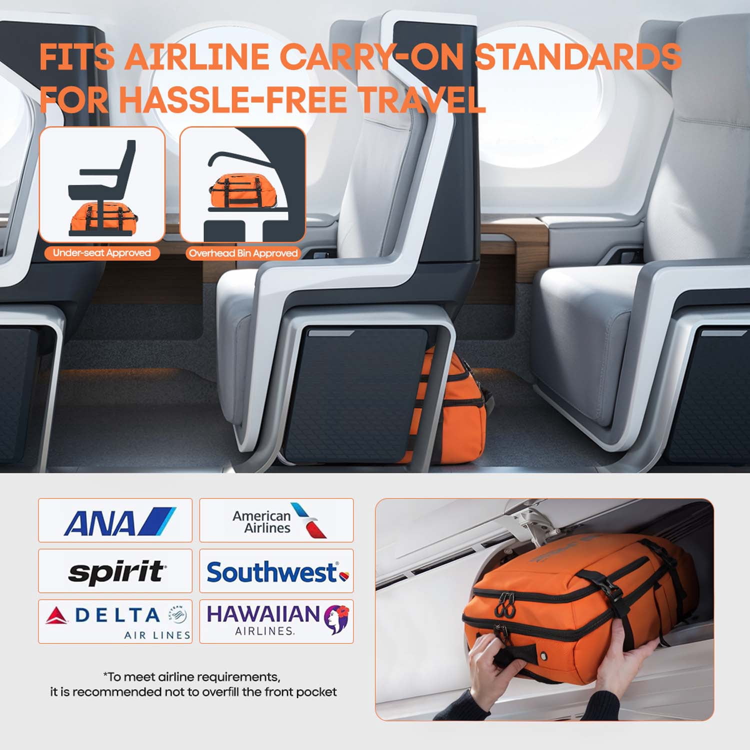 17" Underseat Carry On Luggage Airplane Approved,Water Resistant Softside Rolling Suitcase Lightweight Personal Item Travel Bag,Orange - TA069