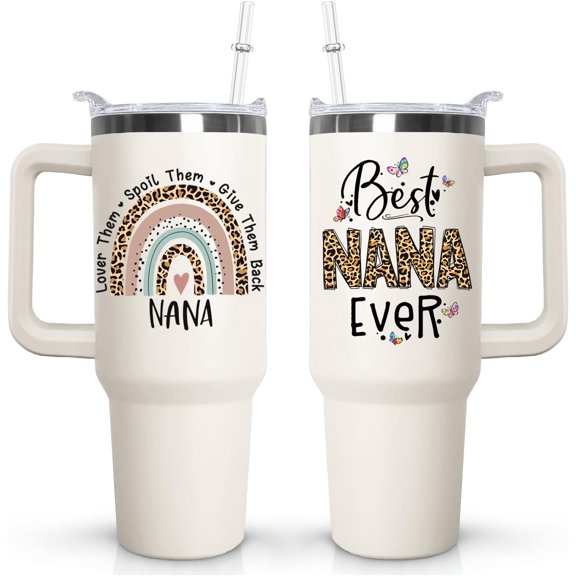 40 oz Nana Tumbler with handle Lid and Straw, Best Nana Ever Vacuum Insulated Travel Coffee Mug CupTumbler, Mothers Day Gifts for Grandmother