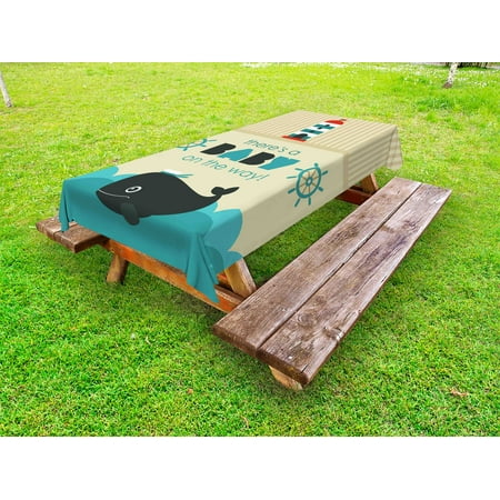 

Ahoy Its a Boy Outdoor Tablecloth Baby on the Way Message with Marine Theme Set Up Dolphin Wheel Decorative Washable Fabric Picnic Table Cloth 58 X 84 Inches Teal Dark Blue Khaki by Ambesonne