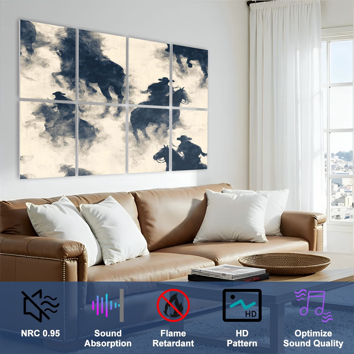 8 Pack Art Acoustic Panels Sound Absorbing Cowboy Riders Misty Desert Decorative Soundproof Wall Panels Self Adhesive for Nursery Game Room Bedroom 48"x32"