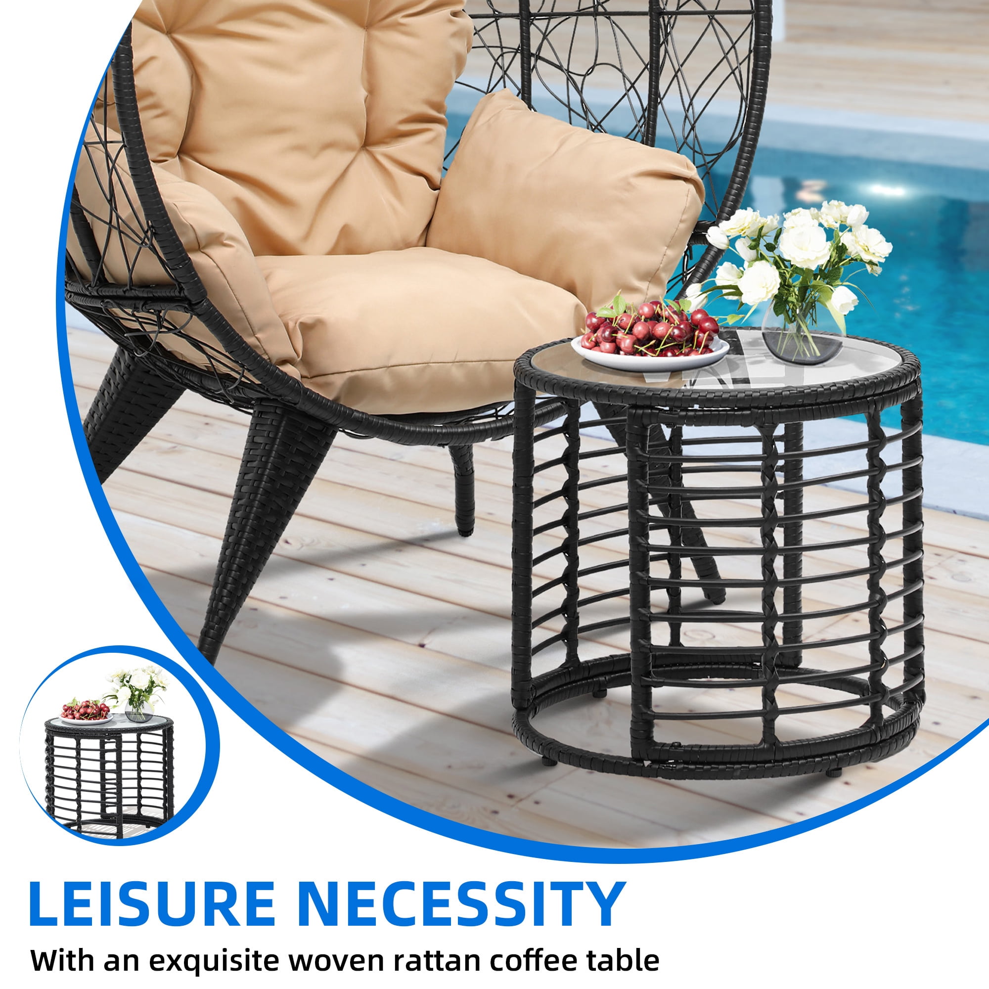 Uforic Outdoor PE Rattan Egg Chair with Table&Cushion for Patio, Garden, Backyard, Porch, Beige